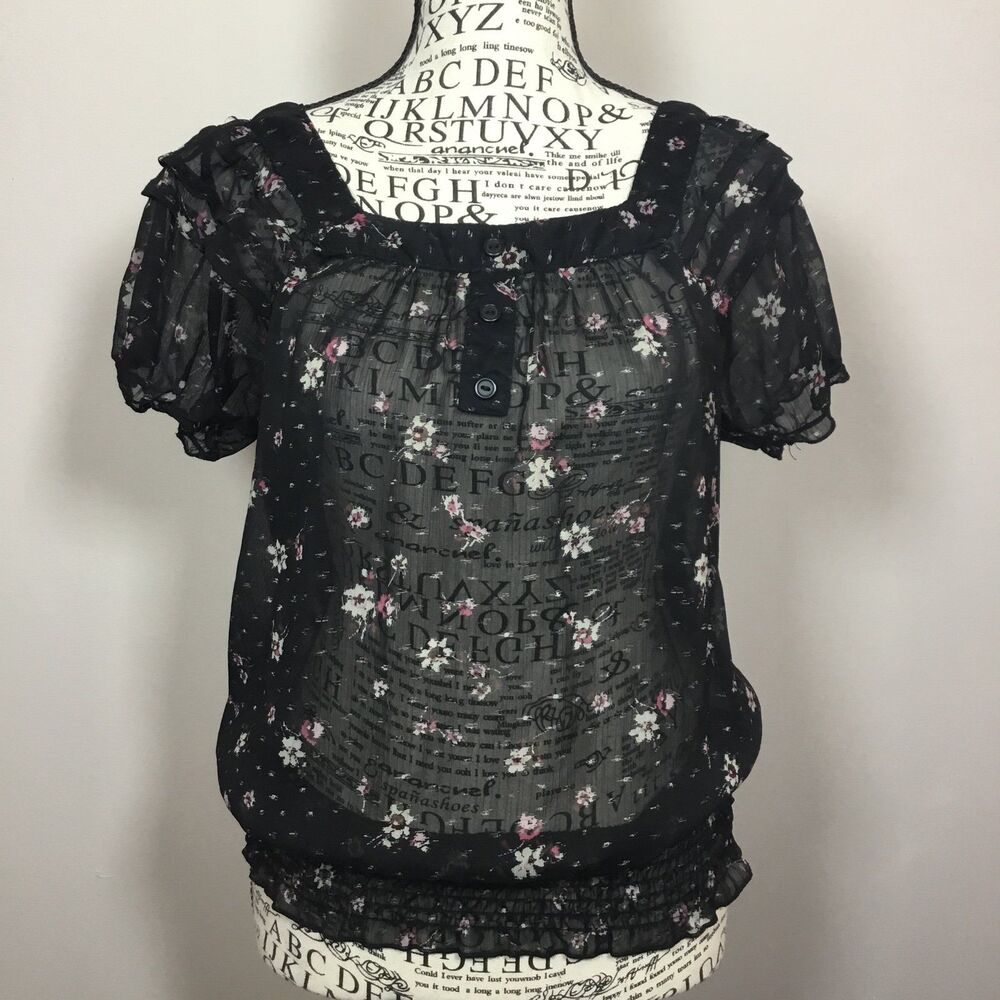 Sheer black peasant wench top square neck pink white floral western dark fairy M